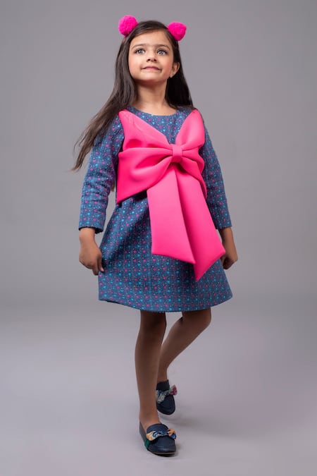 Buy_Hoity Moppet_Blue Denim, Satin Bows Detailed Dress _Online_at_Aza_Fashions