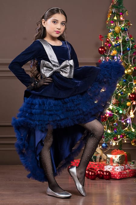 Hoity Moppet_Blue Velvet, Tulle Asymmetric Trail Dress _Online_at_Aza_Fashions