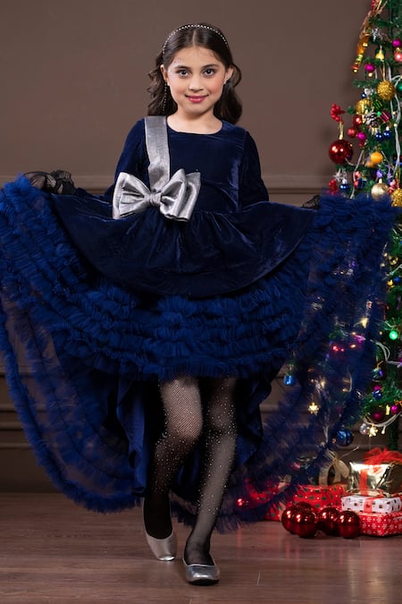 Buy_Hoity Moppet_Blue Velvet, Tulle Asymmetric Trail Dress _Online_at_Aza_Fashions