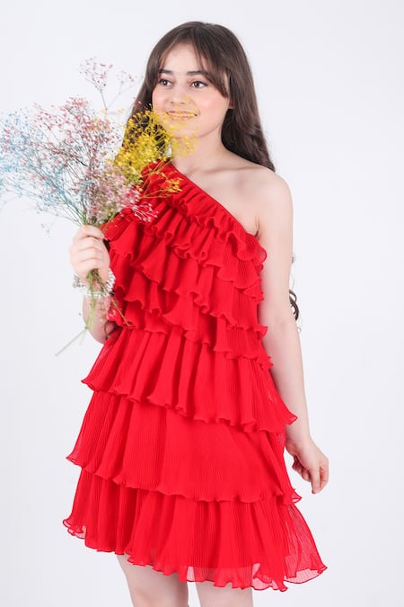 Hoity Moppet Red Georgette, Satin I Heart You One-shoulder Dress Online at Aza Fashions Hoity Moppet_Red Georgette, Satin I Heart You One-shoulder Dress _Online_at_Aza_Fashions