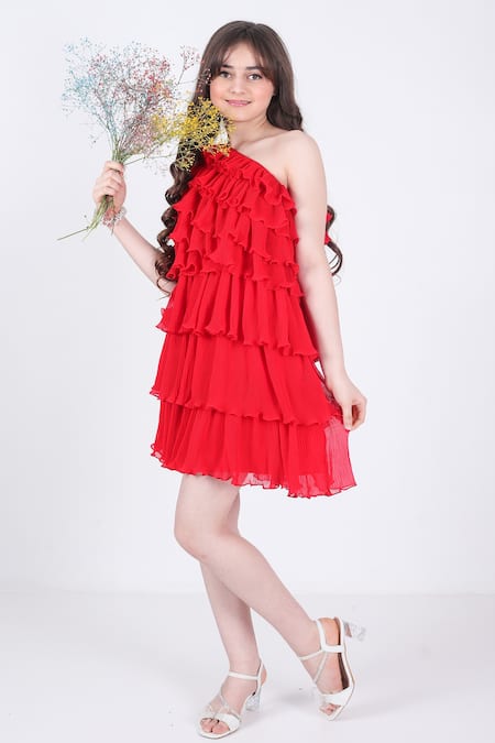 Hoity Moppet Red Georgette, Satin I Heart You One-shoulder Dress