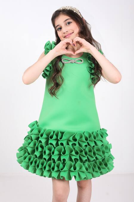 Buy Hoity Moppet Green Neoprene, Satin Making Waves Ruffle Hem Dress Online at Aza Fashions Buy_Hoity Moppet_Green Neoprene, Satin Making Waves Ruffle Hem Dress _Online_at_Aza_Fashions