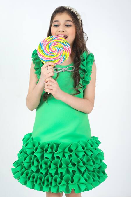 Hoity Moppet Green Neoprene, Satin Making Waves Ruffle Hem Dress at Aza Fashions Hoity Moppet_Green Neoprene, Satin Making Waves Ruffle Hem Dress _at_Aza_Fashions