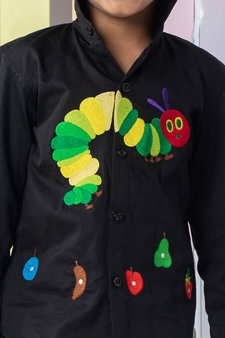 Hoity Moppet Black Cotton Embroidery Hungry Caterpillar Shirt Online at Aza Fashions Hoity Moppet_Black Cotton Embroidery Hungry Caterpillar Shirt _Online_at_Aza_Fashions