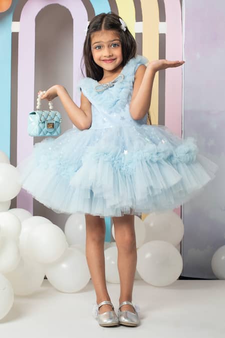 Hoity Moppet_Blue Tulle, Satin Crystals Head In The Clouds Ruffled Dress _Online_at_Aza_Fashions
