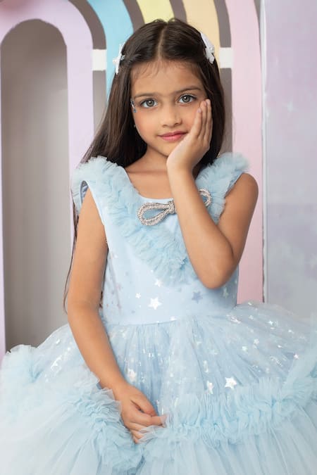 Hoity Moppet_Blue Tulle, Satin Crystals Head In The Clouds Ruffled Dress _at_Aza_Fashions
