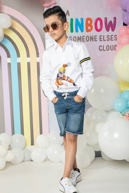 Shop Hoity Moppet White Cotton Embroidery Naruto Pattern Shirt Online at Aza Fashions Shop_Hoity Moppet_White Cotton Embroidery Naruto Pattern Shirt _Online_at_Aza_Fashions