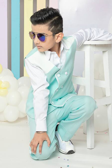 Hoity Moppet_Green Cotton Apple Overlapped Coat Pant Set _at_Aza_Fashions