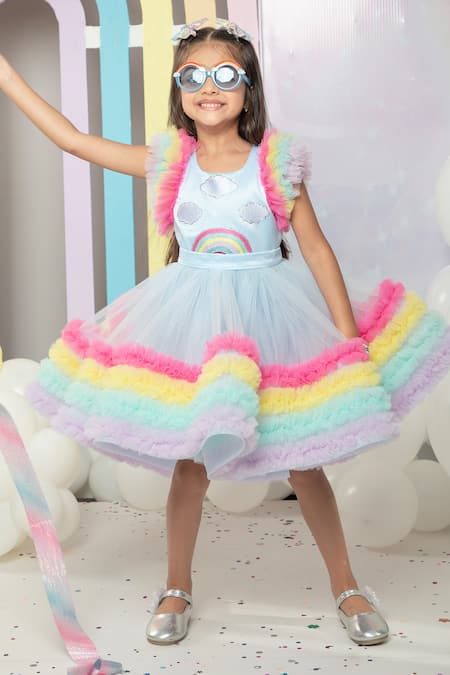 Hoity Moppet Multi Color Satin, Tulle Fringe Clouds And Rainbow Embroidered Dress Online at Aza Fashions Hoity Moppet_Multi Color Satin, Tulle Fringe Clouds And Rainbow Embroidered Dress _Online_at_Aza_Fashions