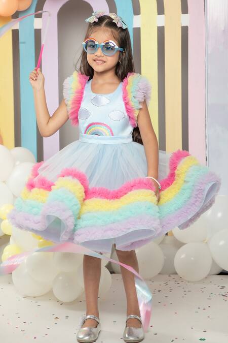 Hoity Moppet Multi Color Satin, Tulle Fringe Clouds And Rainbow Embroidered Dress at Aza Fashions Hoity Moppet_Multi Color Satin, Tulle Fringe Clouds And Rainbow Embroidered Dress _at_Aza_Fashions