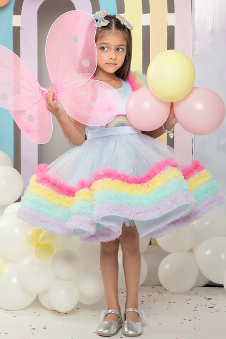Buy Hoity Moppet Multi Color Satin, Tulle Fringe Clouds And Rainbow Embroidered Dress Buy_Hoity Moppet_Multi Color Satin, Tulle Fringe Clouds And Rainbow Embroidered Dress