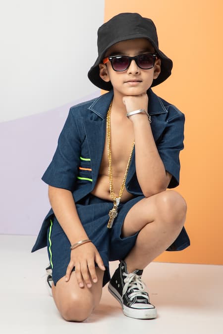 Hoity Moppet Blue Denim, Cotton Embroidery Bts Theme Shirt And Shorts Set at Aza Fashions Hoity Moppet_Blue Denim, Cotton Embroidery Bts Theme Shirt And Shorts Set _at_Aza_Fashions