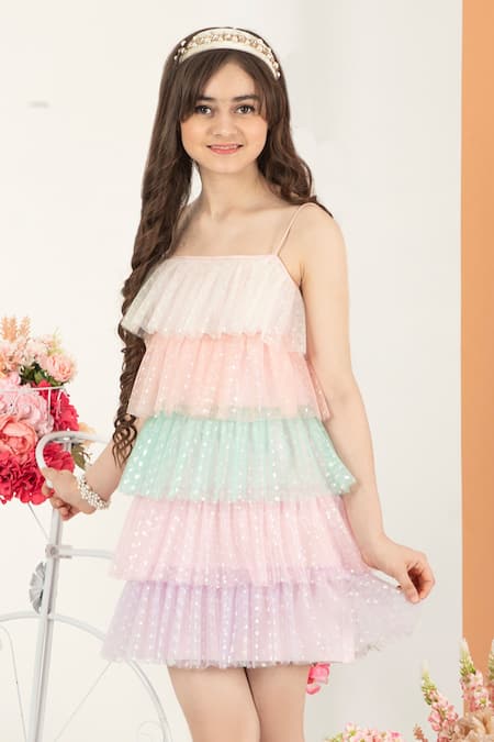 Hoity Moppet_Multi Color Tulle, Satin Layered Ruffle Dress_Online_at_Aza_Fashions