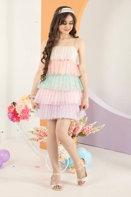 Shop_Hoity Moppet_Multi Color Tulle, Satin Layered Ruffle Dress_Online_at_Aza_Fashions