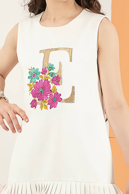 Hoity Moppet White Crepe, Satin Sequins, Embroidery Alphabet Shift Dress Online at Aza Fashions Hoity Moppet_White Crepe, Satin Sequins, Embroidery Alphabet Shift Dress _Online_at_Aza_Fashions