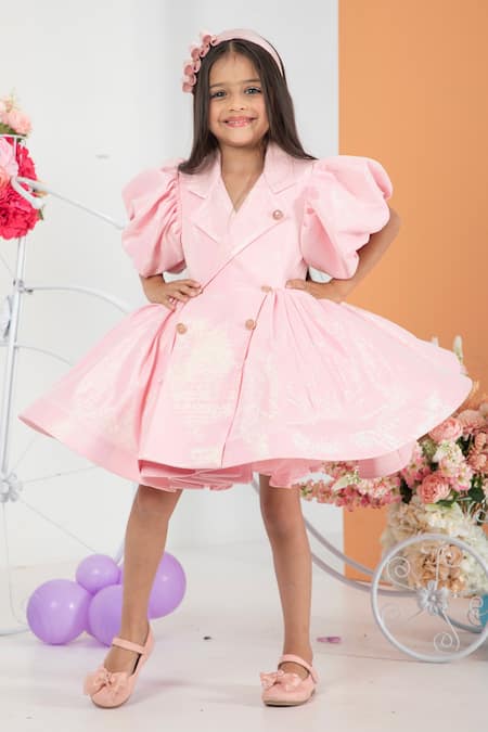 Hoity Moppet_Pink Satin Hi Maintenance Puffed Sleeve Jacket Dress _Online_at_Aza_Fashions