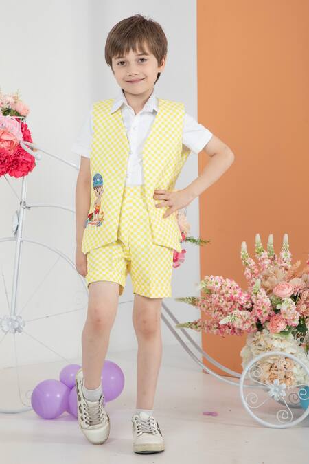Hoity Moppet Yellow Cotton, Satin Embroidery Sundaze Chequered Waistcoat And Shorts Set Online at Aza Fashions Hoity Moppet_Yellow Cotton, Satin Embroidery Sundaze Chequered Waistcoat And Shorts Set _Online_at_Aza_Fashions