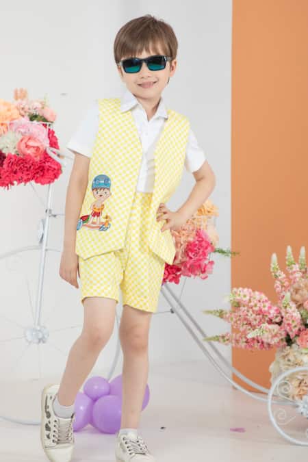 Shop Hoity Moppet Yellow Cotton, Satin Embroidery Sundaze Chequered Waistcoat And Shorts Set Online at Aza Fashions Shop_Hoity Moppet_Yellow Cotton, Satin Embroidery Sundaze Chequered Waistcoat And Shorts Set _Online_at_Aza_Fashions