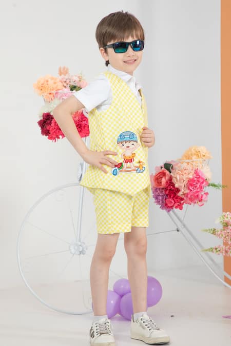 Hoity Moppet Yellow Cotton, Satin Embroidery Sundaze Chequered Waistcoat And Shorts Set at Aza Fashions Hoity Moppet_Yellow Cotton, Satin Embroidery Sundaze Chequered Waistcoat And Shorts Set _at_Aza_Fashions