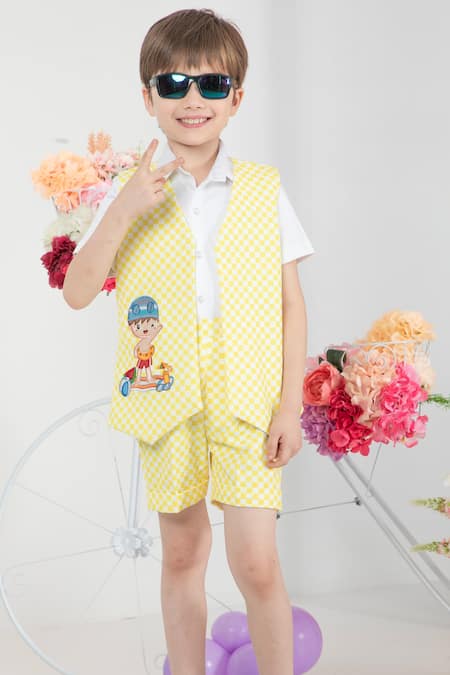 Buy Hoity Moppet Yellow Cotton, Satin Embroidery Sundaze Chequered Waistcoat And Shorts Set Buy_Hoity Moppet_Yellow Cotton, Satin Embroidery Sundaze Chequered Waistcoat And Shorts Set