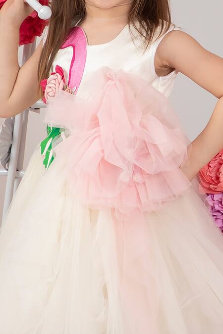 Hoity Moppet White Satin, Tulle, Linen Ruffles, Embroidery Flamingo Dress Online at Aza Fashions Hoity Moppet_White Satin, Tulle, Linen Ruffles, Embroidery Flamingo Dress _Online_at_Aza_Fashions