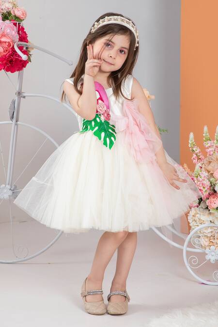 Buy Hoity Moppet White Satin, Tulle, Linen Ruffles, Embroidery Flamingo Dress Online at Aza Fashions Buy_Hoity Moppet_White Satin, Tulle, Linen Ruffles, Embroidery Flamingo Dress _Online_at_Aza_Fashions