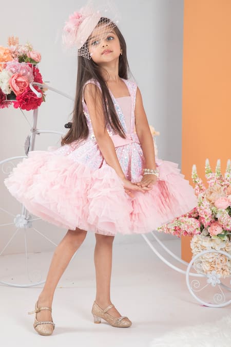 Hoity Moppet Pink Satin, Tulle Sequins Embellished Fit And Flare Dress Online at Aza Fashions Hoity Moppet_Pink Satin, Tulle Sequins Embellished Fit And Flare Dress _Online_at_Aza_Fashions