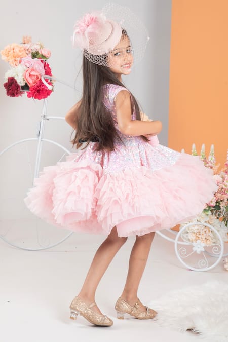Shop Hoity Moppet Pink Satin, Tulle Sequins Embellished Fit And Flare Dress Online at Aza Fashions Shop_Hoity Moppet_Pink Satin, Tulle Sequins Embellished Fit And Flare Dress _Online_at_Aza_Fashions