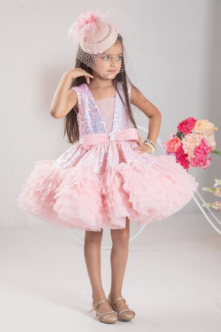Buy Hoity Moppet Pink Satin, Tulle Sequins Embellished Fit And Flare Dress Buy_Hoity Moppet_Pink Satin, Tulle Sequins Embellished Fit And Flare Dress