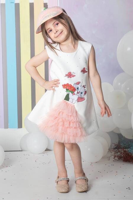 Hoity Moppet White Crepe, Satin Marie Cat Embroidered Shift Dress Online at Aza Fashions Hoity Moppet_White Crepe, Satin Marie Cat Embroidered Shift Dress _Online_at_Aza_Fashions