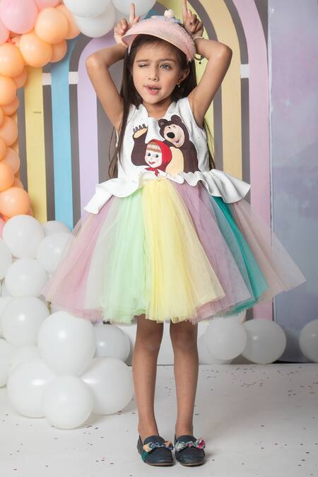 Hoity Moppet_Multi Color Satin, Tulle Embroidery Masha And Bear Flare Dress _Online_at_Aza_Fashions