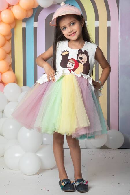 Buy_Hoity Moppet_Multi Color Satin, Tulle Embroidery Masha And Bear Flare Dress _Online_at_Aza_Fashions