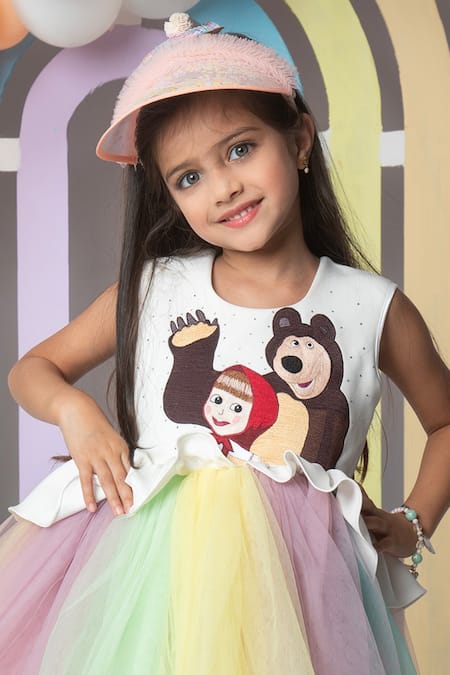 Shop_Hoity Moppet_Multi Color Satin, Tulle Embroidery Masha And Bear Flare Dress _Online_at_Aza_Fashions