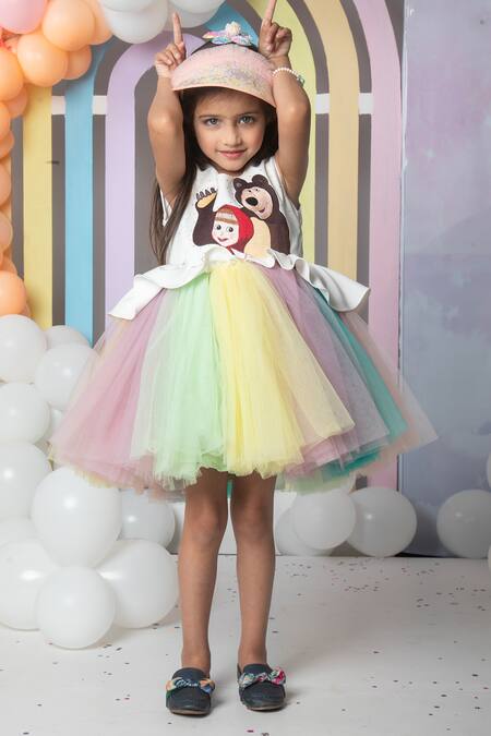 Hoity Moppet_Multi Color Satin, Tulle Embroidery Masha And Bear Flare Dress _at_Aza_Fashions