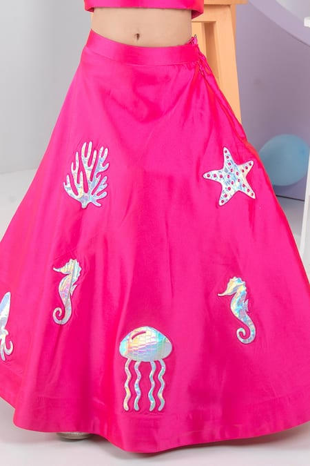 Shop_Hoity Moppet_Fuchsia Silk, Satin Embroidery Sea Breeze Motif Applique Lehenga And Blouse Set _Online_at_Aza_Fashions