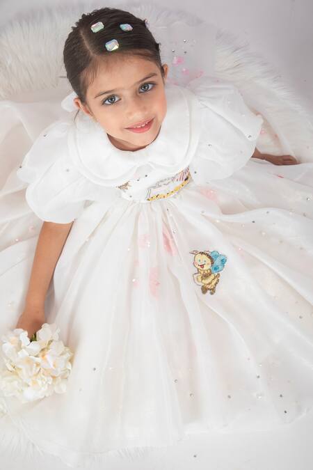 Hoity Moppet White Organza, Satin Embroidery Hand Princess Rule Balloon Sleeve Dress Online at Aza Fashions Hoity Moppet_White Organza, Satin Embroidery Hand Princess Rule Balloon Sleeve Dress _Online_at_Aza_Fashions