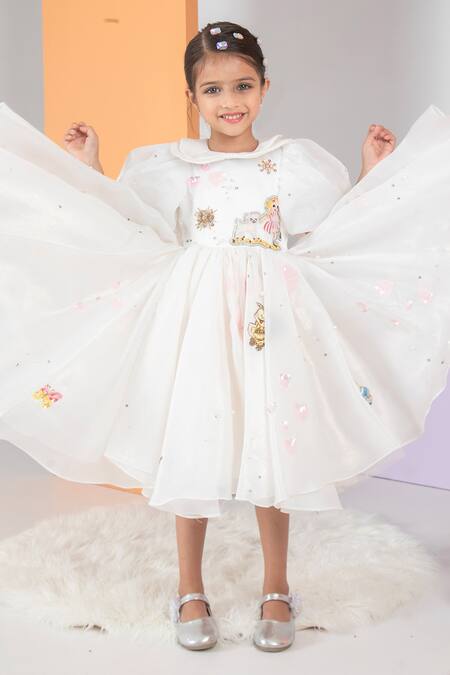 Buy Hoity Moppet White Organza, Satin Embroidery Hand Princess Rule Balloon Sleeve Dress Online at Aza Fashions Buy_Hoity Moppet_White Organza, Satin Embroidery Hand Princess Rule Balloon Sleeve Dress _Online_at_Aza_Fashions