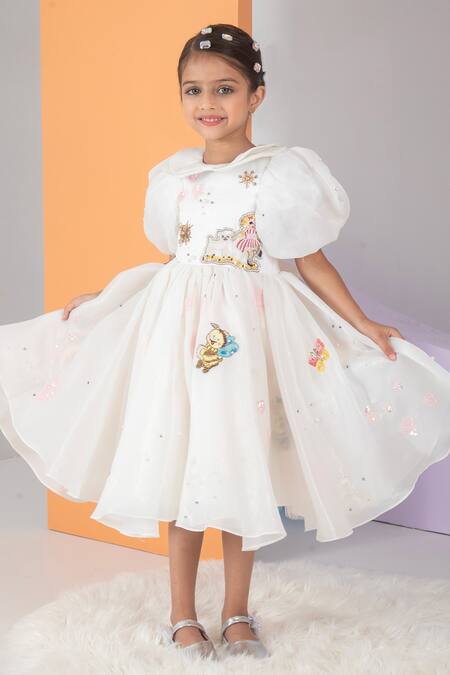 Shop Hoity Moppet White Organza, Satin Embroidery Hand Princess Rule Balloon Sleeve Dress Online at Aza Fashions Shop_Hoity Moppet_White Organza, Satin Embroidery Hand Princess Rule Balloon Sleeve Dress _Online_at_Aza_Fashions