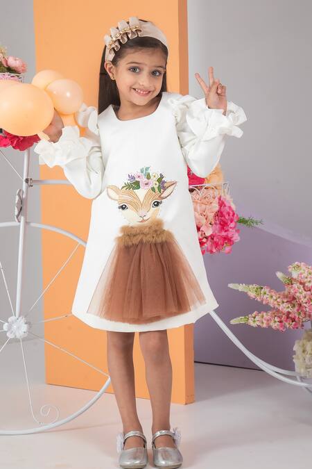 Buy Hoity Moppet White Crepe, Satin Embroidery, Sequins Bambi Deer Shift Dress Online at Aza Fashions Buy_Hoity Moppet_White Crepe, Satin Embroidery, Sequins Bambi Deer Shift Dress _Online_at_Aza_Fashions