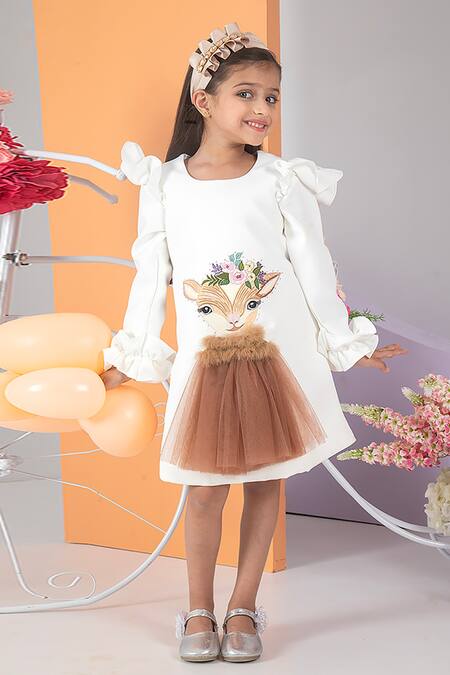 Shop Hoity Moppet White Crepe, Satin Embroidery, Sequins Bambi Deer Shift Dress Online at Aza Fashions Shop_Hoity Moppet_White Crepe, Satin Embroidery, Sequins Bambi Deer Shift Dress _Online_at_Aza_Fashions