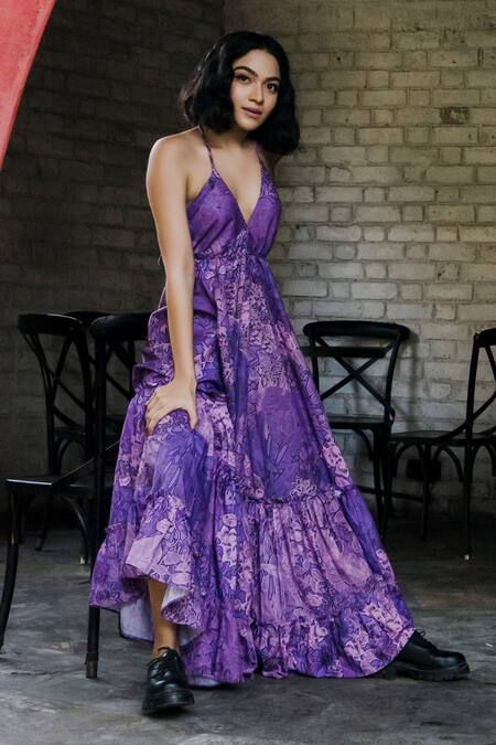 Payal & Zinal_Purple Italian Crepe (viscose) Floral Print V Neck Halter Dress _Online_at_Aza_Fashions