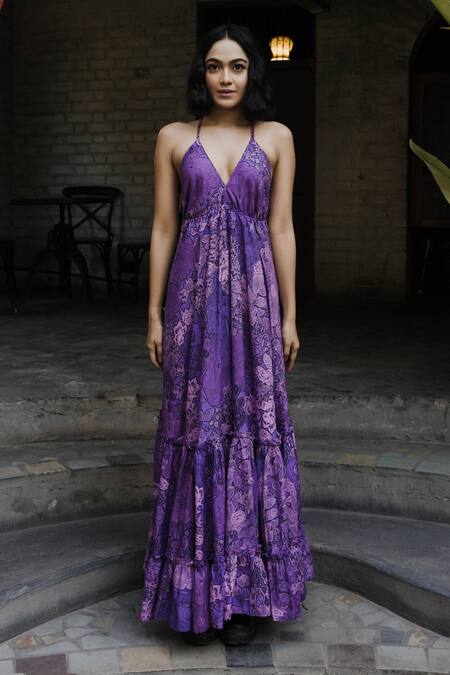 Buy_Payal & Zinal_Purple Italian Crepe (viscose) Floral Print V Neck Halter Dress _Online_at_Aza_Fashions