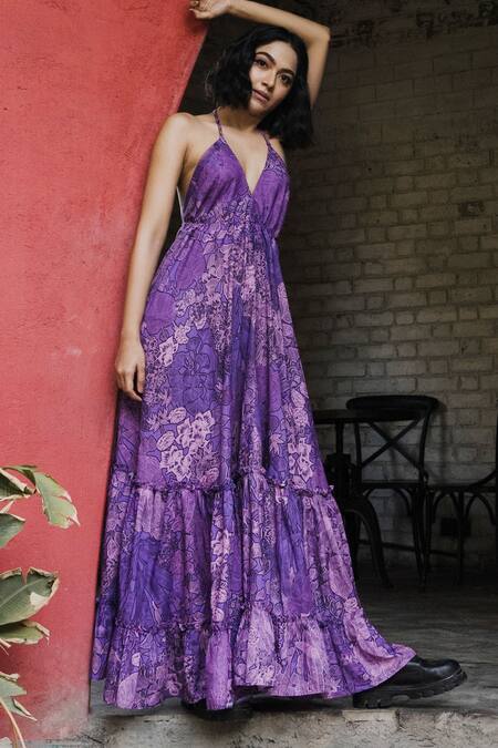 Shop_Payal & Zinal_Purple Italian Crepe (viscose) Floral Print V Neck Halter Dress _Online_at_Aza_Fashions