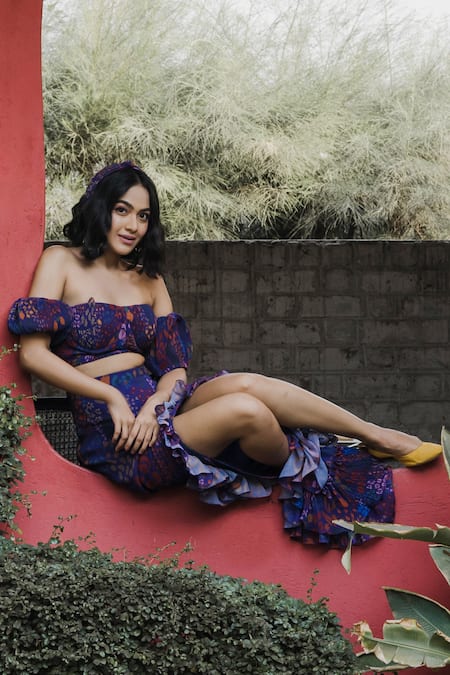 Buy_Payal & Zinal_Blue Georgette Floral Print One Shoulder Off Crop Top And Skirt Set _Online_at_Aza_Fashions