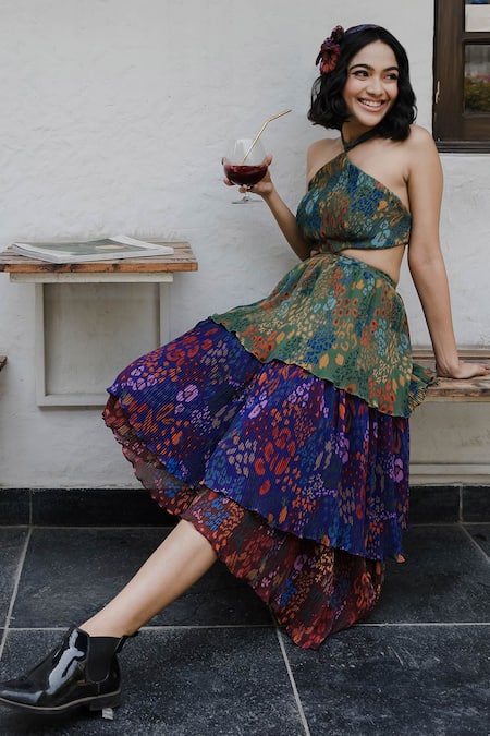 Payal & Zinal_Purple Georgette Abstract Halter Pleated Maxi Dress _Online_at_Aza_Fashions