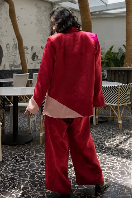 Shop Payal & Zinal Pink Chseteri (cotton + Silk) Collared Neck Color Block Blazer And Pant Set at Aza Fashions Shop_Payal & Zinal_Pink Chseteri (cotton + Silk) Collared Neck Color Block Blazer And Pant Set _at_Aza_Fashions