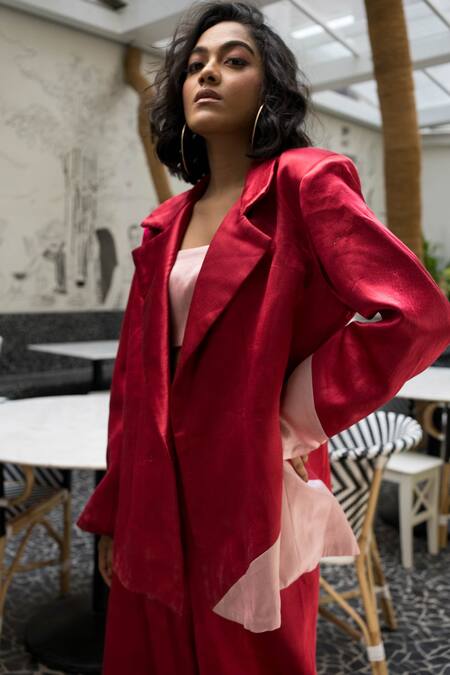 Buy Payal & Zinal Pink Chseteri (cotton + Silk) Collared Neck Color Block Blazer And Pant Set Online at Aza Fashions Buy_Payal & Zinal_Pink Chseteri (cotton + Silk) Collared Neck Color Block Blazer And Pant Set _Online_at_Aza_Fashions