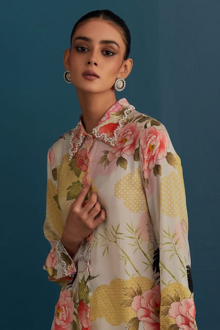 Buy House Of Pink Off White Floral And Pearl Work Collared Neck Printed Shirt & Pant Set Online at Aza Fashions Buy_House Of Pink_Off White Floral And Pearl Work Collared Neck Printed Shirt & Pant Set _Online_at_Aza_Fashions