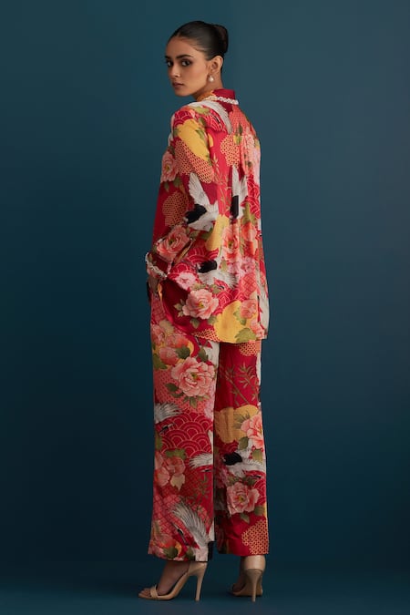 Shop House Of Pink Red Floral And Pearl Work Collared Neck Printed Shirt & Pant Set at Aza Fashions Shop_House Of Pink_Red Floral And Pearl Work Collared Neck Printed Shirt & Pant Set_at_Aza_Fashions