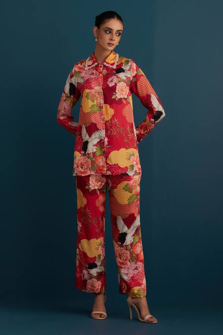 House Of Pink Red Floral And Pearl Work Collared Neck Printed Shirt & Pant Set Online at Aza Fashions House Of Pink_Red Floral And Pearl Work Collared Neck Printed Shirt & Pant Set_Online_at_Aza_Fashions